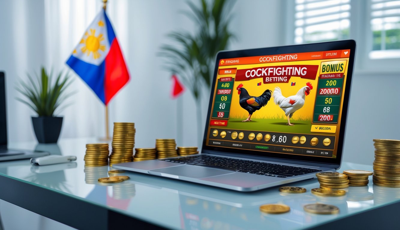 Seorang pengguna laptop di meja dengan tampilan situs judi sabung ayam Filipina online dan simbol uang serta bonus di sekitarnya.