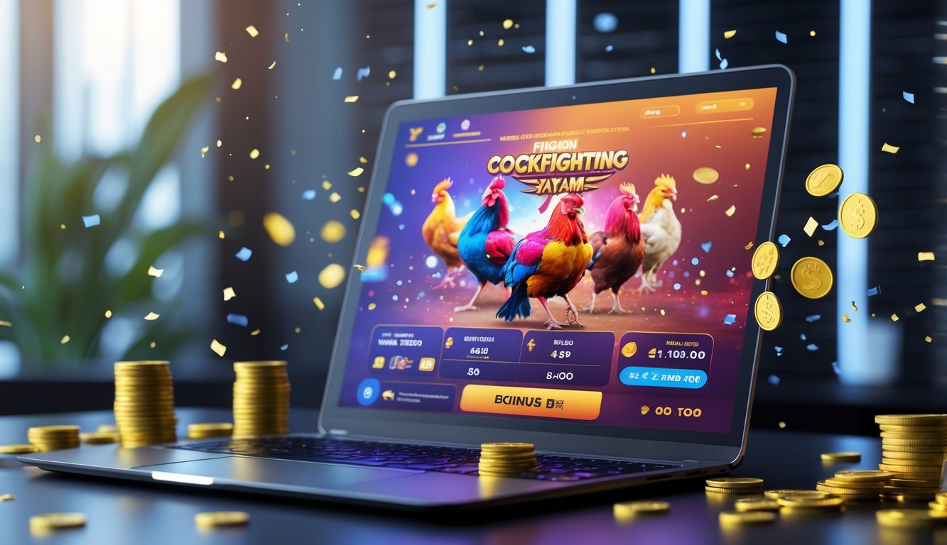 Seseorang menggunakan perangkat digital untuk bermain atau memasang taruhan pada permainan sabung ayam secara online dengan suasana yang penuh semangat dan hadiah.