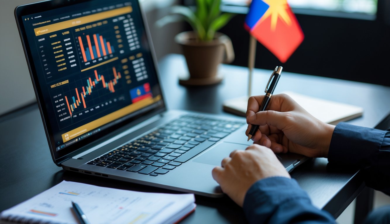 Meja kerja modern dengan laptop yang menampilkan grafik dan tangan seseorang sedang mencatat strategi untuk meningkatkan keuntungan dari permainan online.