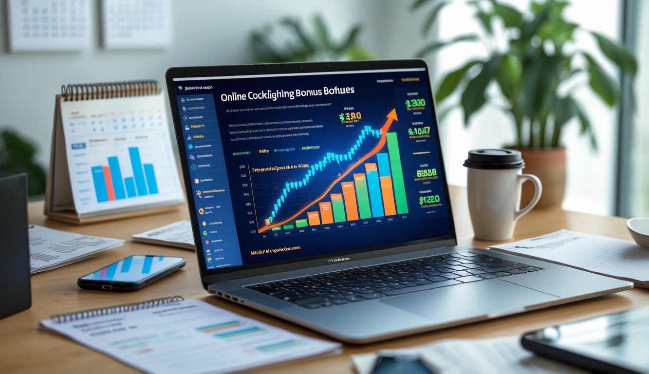 Seorang profesional sedang bekerja di depan laptop dengan tampilan grafik dan perangkat pendukung di meja kerja.