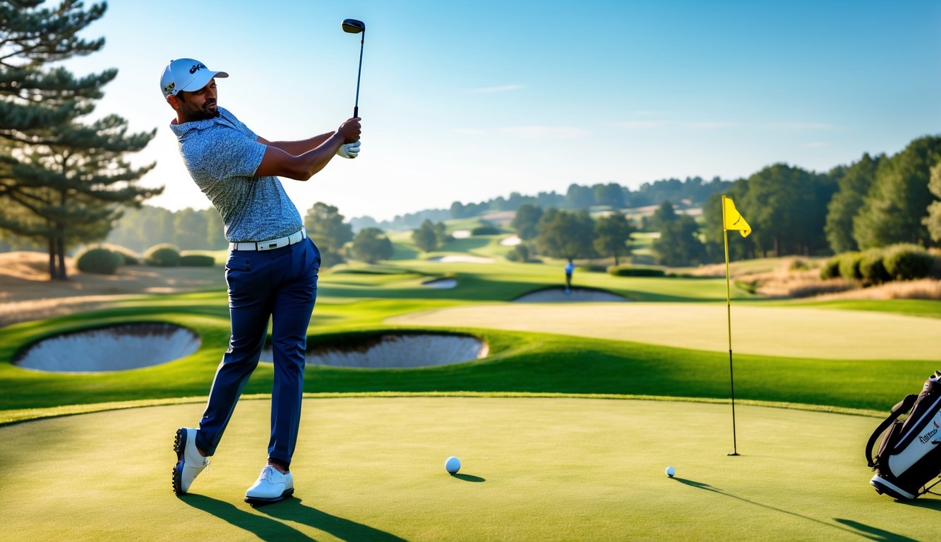 Seorang pemain golf sedang mengayunkan stik golf di lapangan golf yang hijau dengan bendera lubang terlihat, latar belakang berupa pepohonan dan langit cerah.