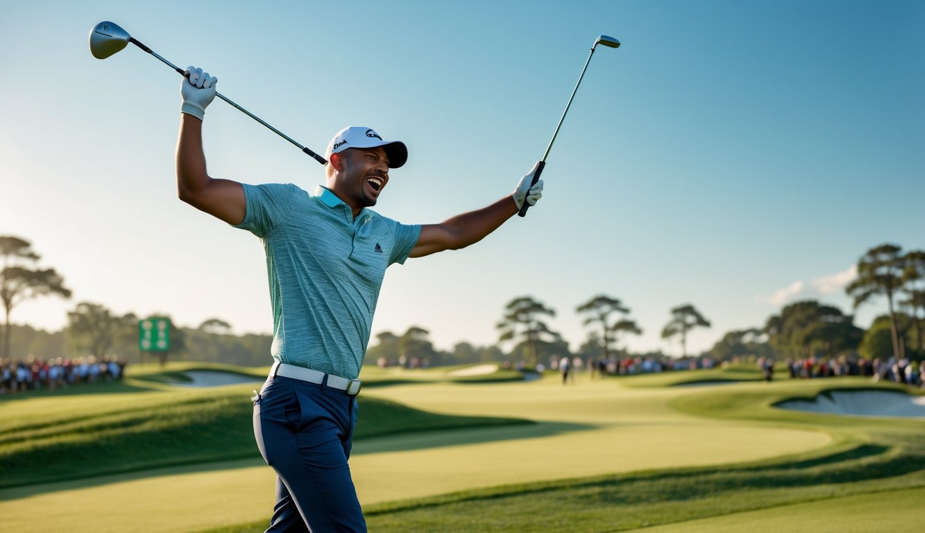 Seorang pegolf sedang merayakan pukulan golf yang sukses di lapangan golf hijau dengan langit cerah.