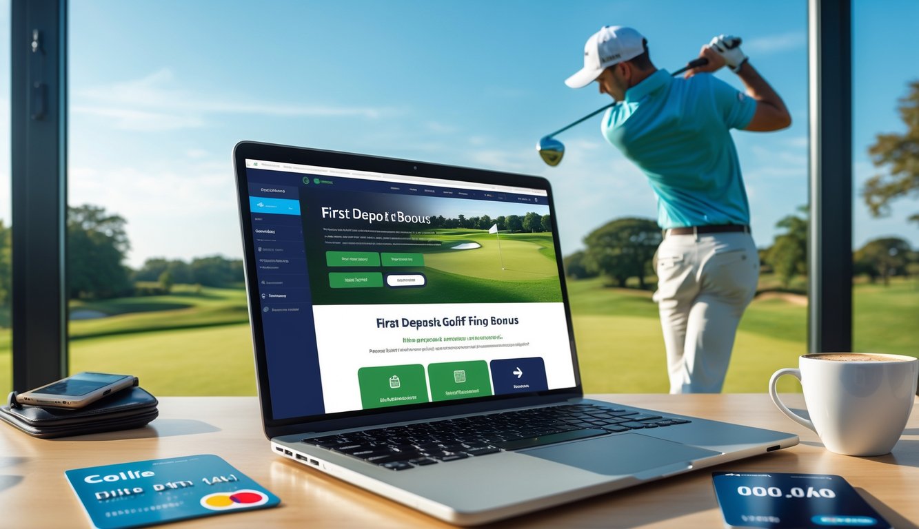 Seorang pemain golf bersiap memukul bola di lapangan golf hijau dengan laptop terbuka menampilkan situs taruhan golf online di meja dekatnya.