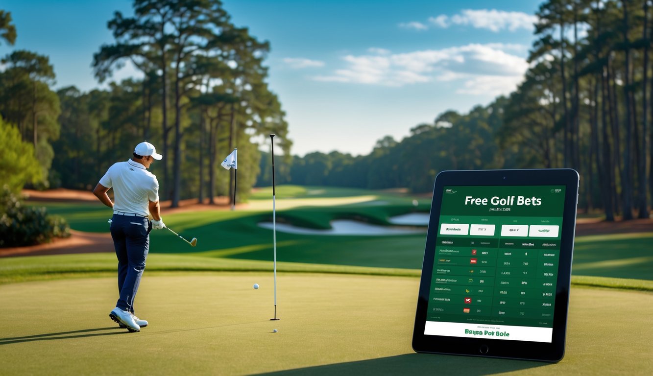 Seorang pegolf sedang melakukan ayunan di lapangan golf yang hijau dengan bendera lubang terlihat, di latar belakang pohon dan langit biru cerah.