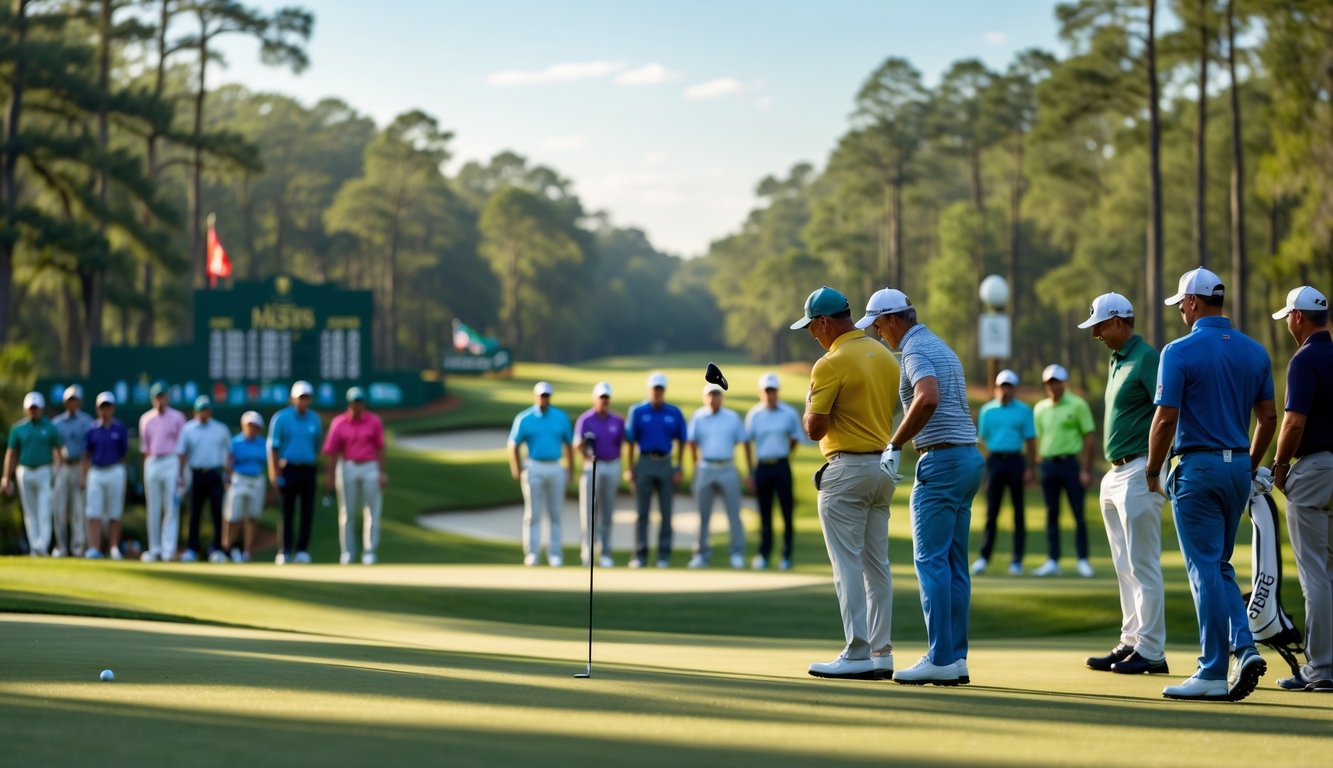 Lapangan golf yang rapi dengan beberapa pemain golf sedang bermain di bawah langit cerah saat turnamen Masters.