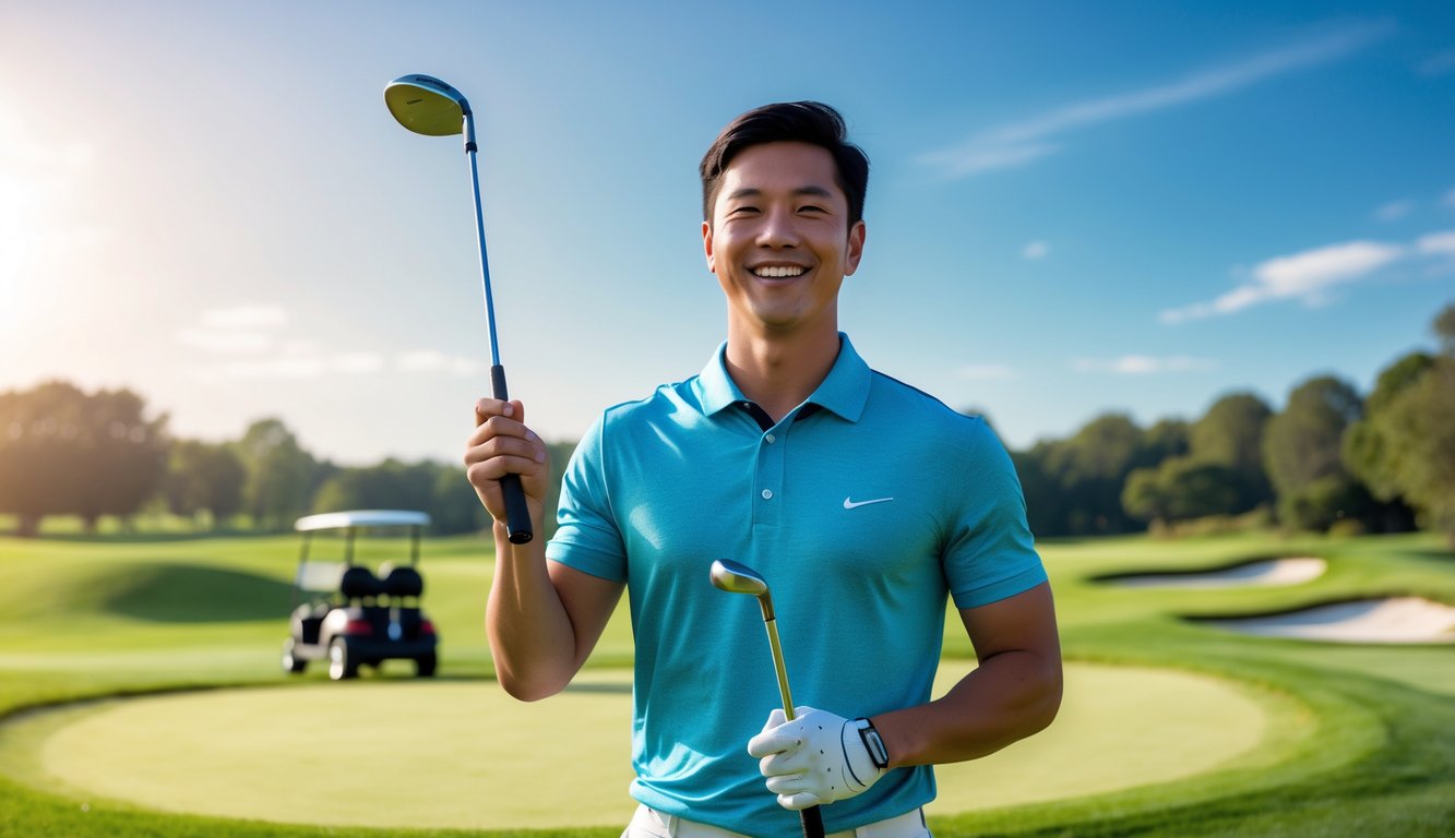 Seorang pemain golf muda yang tersenyum di lapangan golf hijau dengan perlengkapan golf lengkap dan langit cerah di latar belakang.