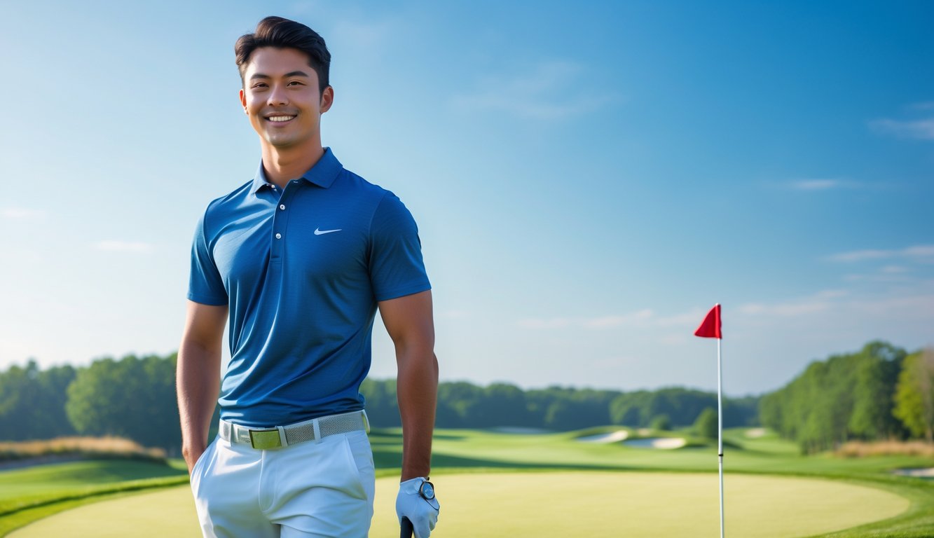 Seorang pemain golf muda berdiri di lapangan golf hijau dengan senyum percaya diri, memegang tongkat golf di bawah langit cerah.
