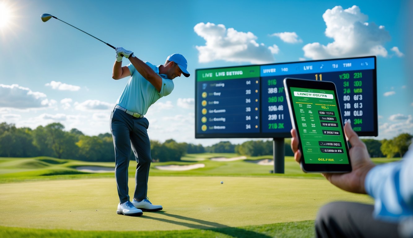 Seorang pegolf sedang mengayunkan stik golf di lapangan hijau dengan langit cerah dan seseorang memegang tablet yang menampilkan data taruhan golf.