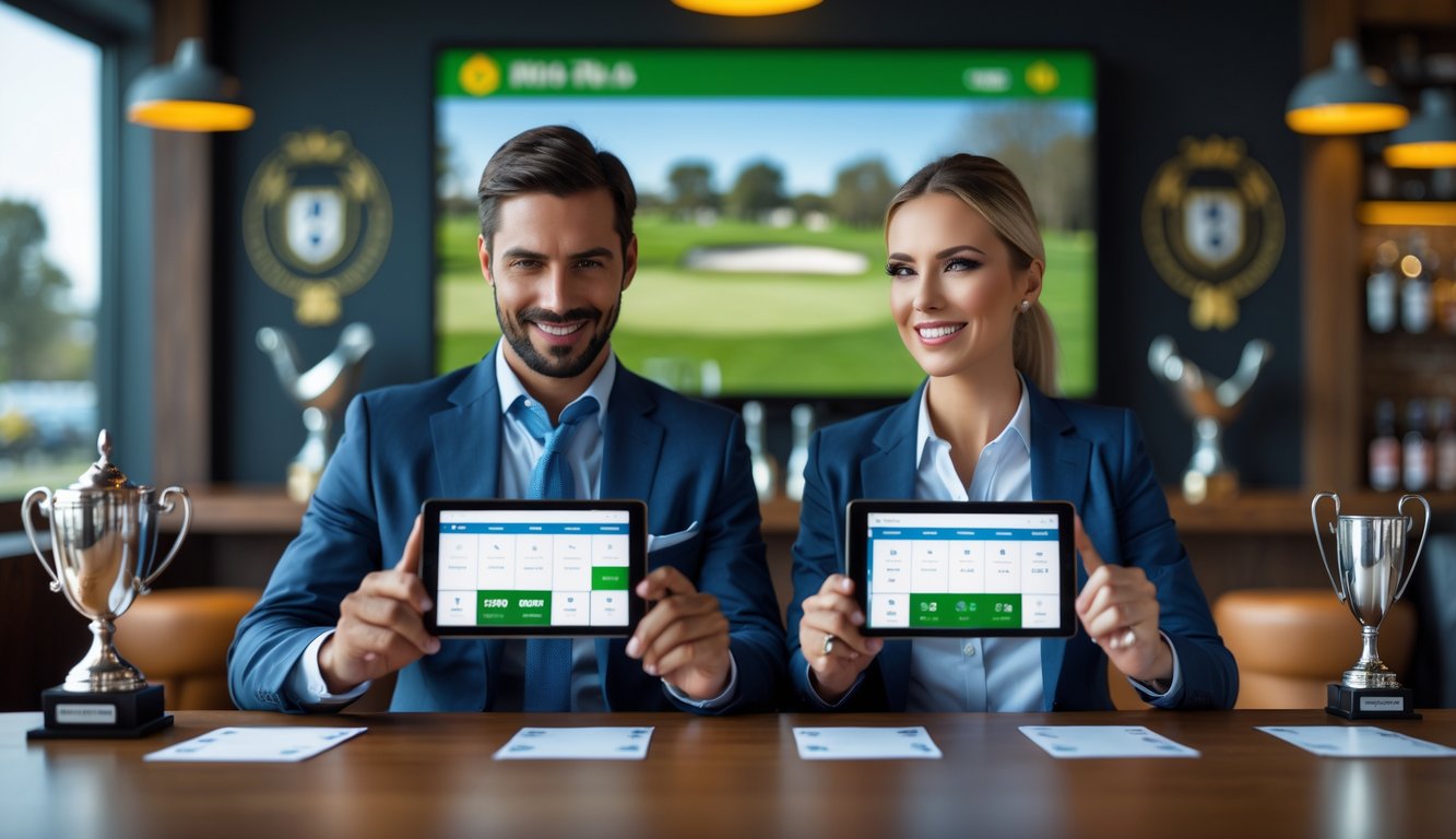 Dua orang menonton turnamen golf secara langsung di sebuah lounge dengan perangkat digital untuk taruhan, suasana penuh antisipasi dan semangat.