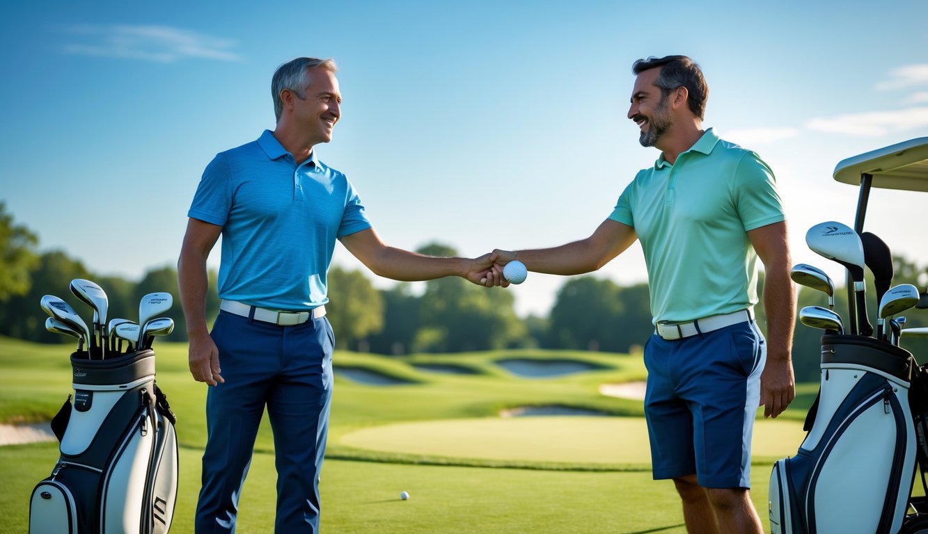 Dua pria sedang bermain golf di lapangan hijau, satu pria memberikan bola golf kepada yang lain sambil tersenyum.