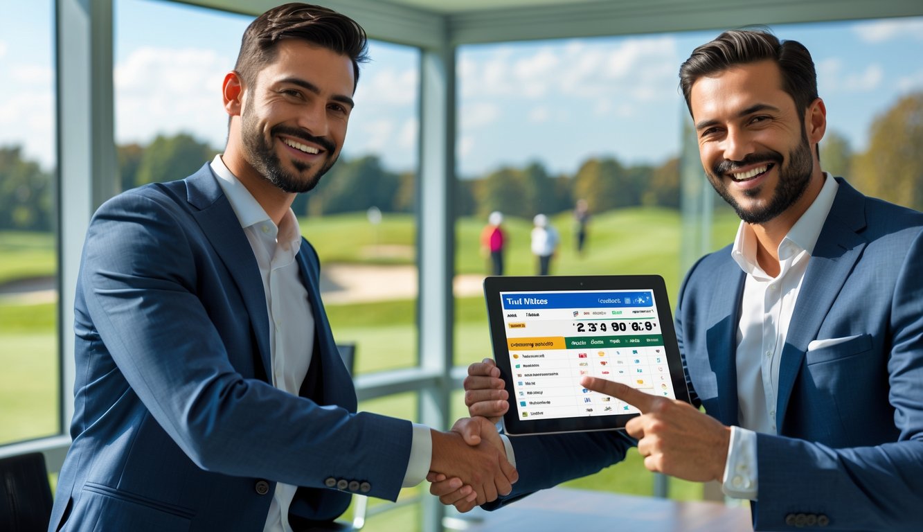 Dua pria berjabat tangan di kantor dengan latar belakang lapangan golf yang cerah.