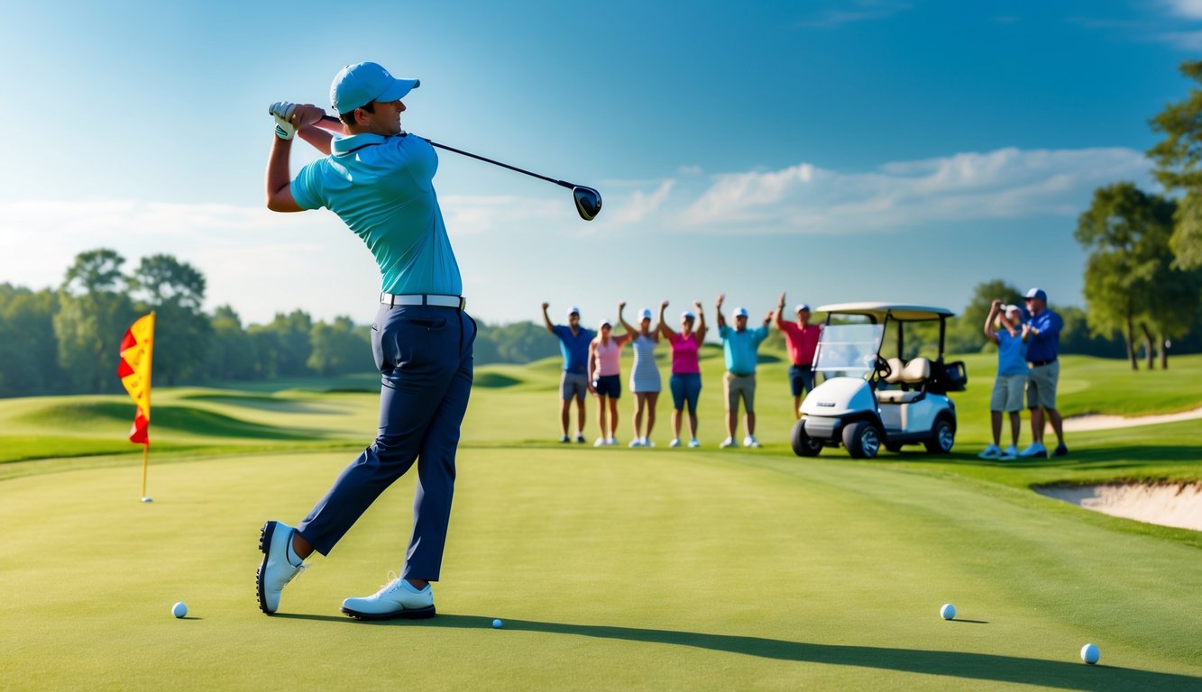 Seorang pegolf sedang mengayunkan tongkat golf di lapangan hijau dengan beberapa penonton di latar belakang.