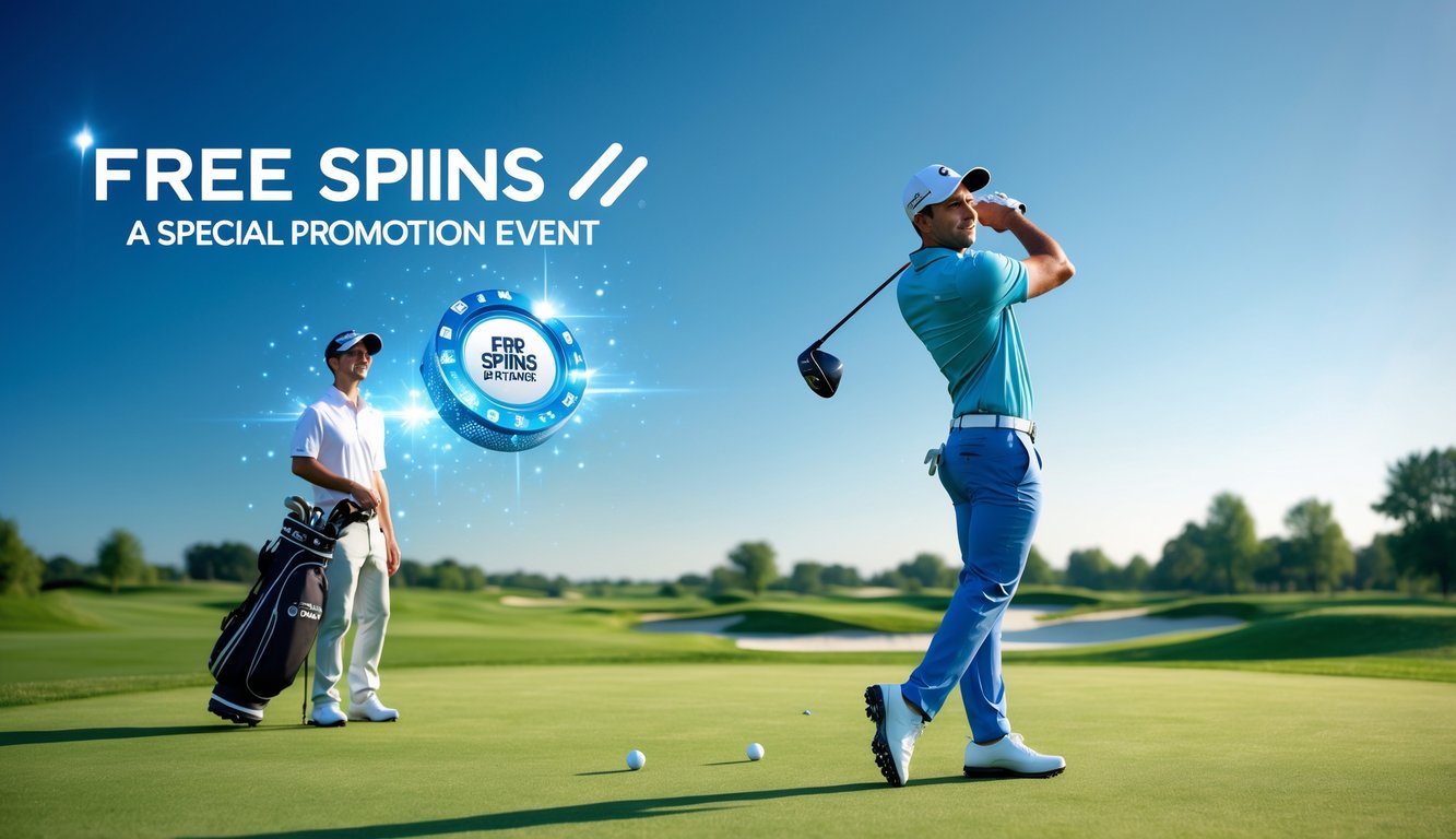 Seorang pegolf sedang mengayunkan tongkat golf di lapangan golf yang hijau dan cerah dengan seorang caddy di dekatnya.