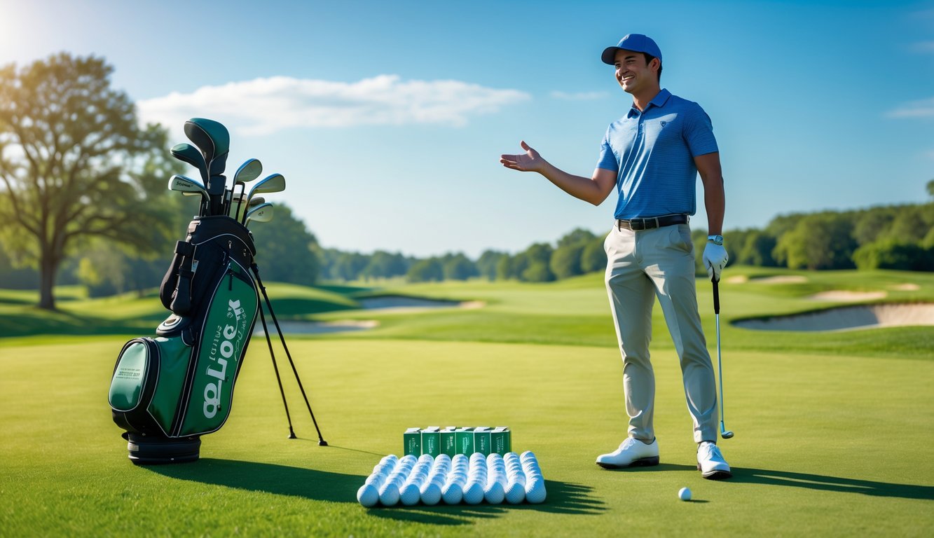 Seorang pegolf pemula tersenyum di lapangan golf hijau dengan klub golf dan peralatan golf di sekitarnya.