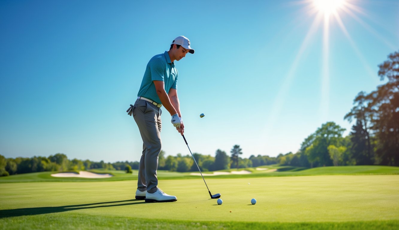Seorang pemain golf pemula sedang bersiap memukul bola di lapangan golf yang hijau dan cerah.