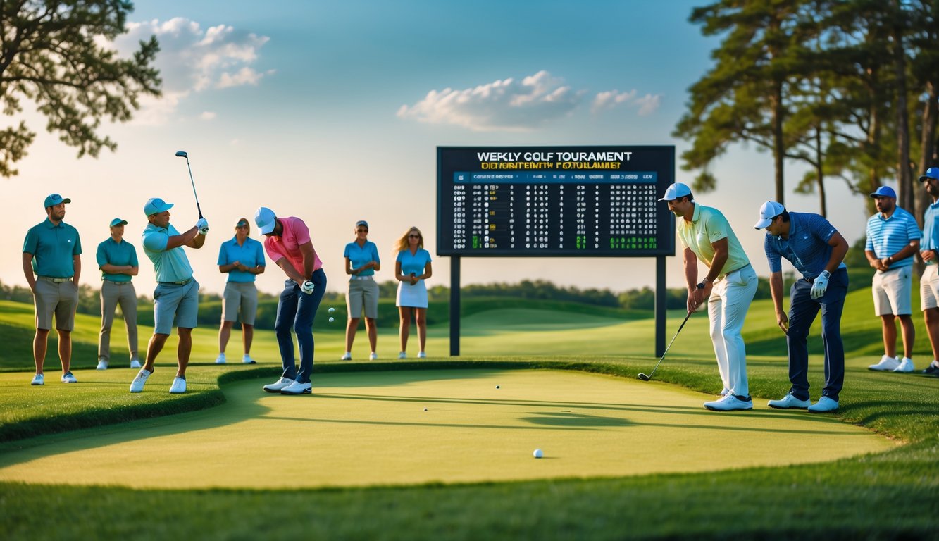 Beberapa pemain golf sedang bermain di lapangan golf yang hijau dengan beberapa penonton yang menyaksikan pertandingan.