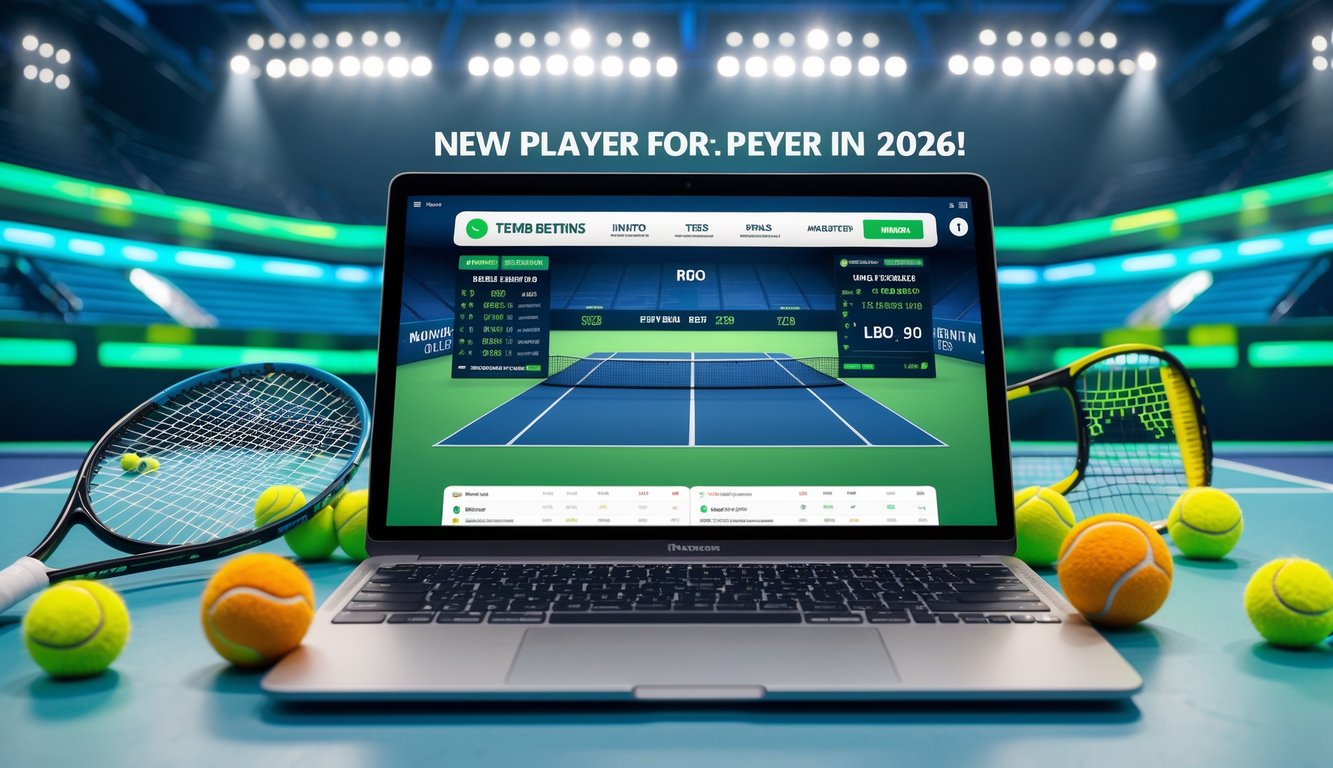 Seorang dewasa muda menggunakan perangkat digital dengan latar belakang elemen tenis seperti raket dan bola tenis di ruang kerja yang terang.