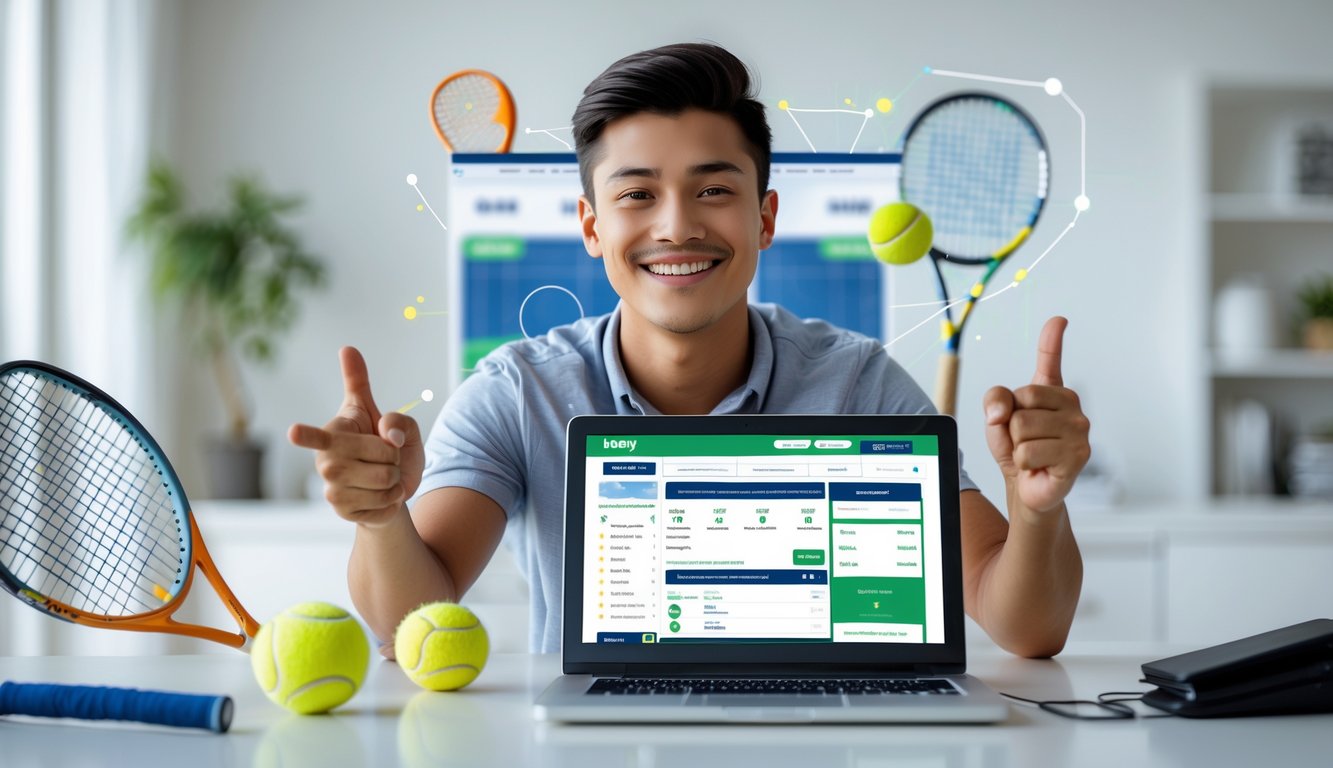 Seorang pria muda duduk di meja dengan laptop, terlihat antusias saat menggunakan situs taruhan tenis online, dengan raket tenis dan bola tenis di sekitar.