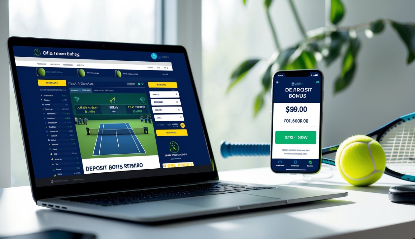 Sebuah laptop dan ponsel di meja kerja menampilkan situs taruhan tenis online dengan bola tenis dan raket di sampingnya.