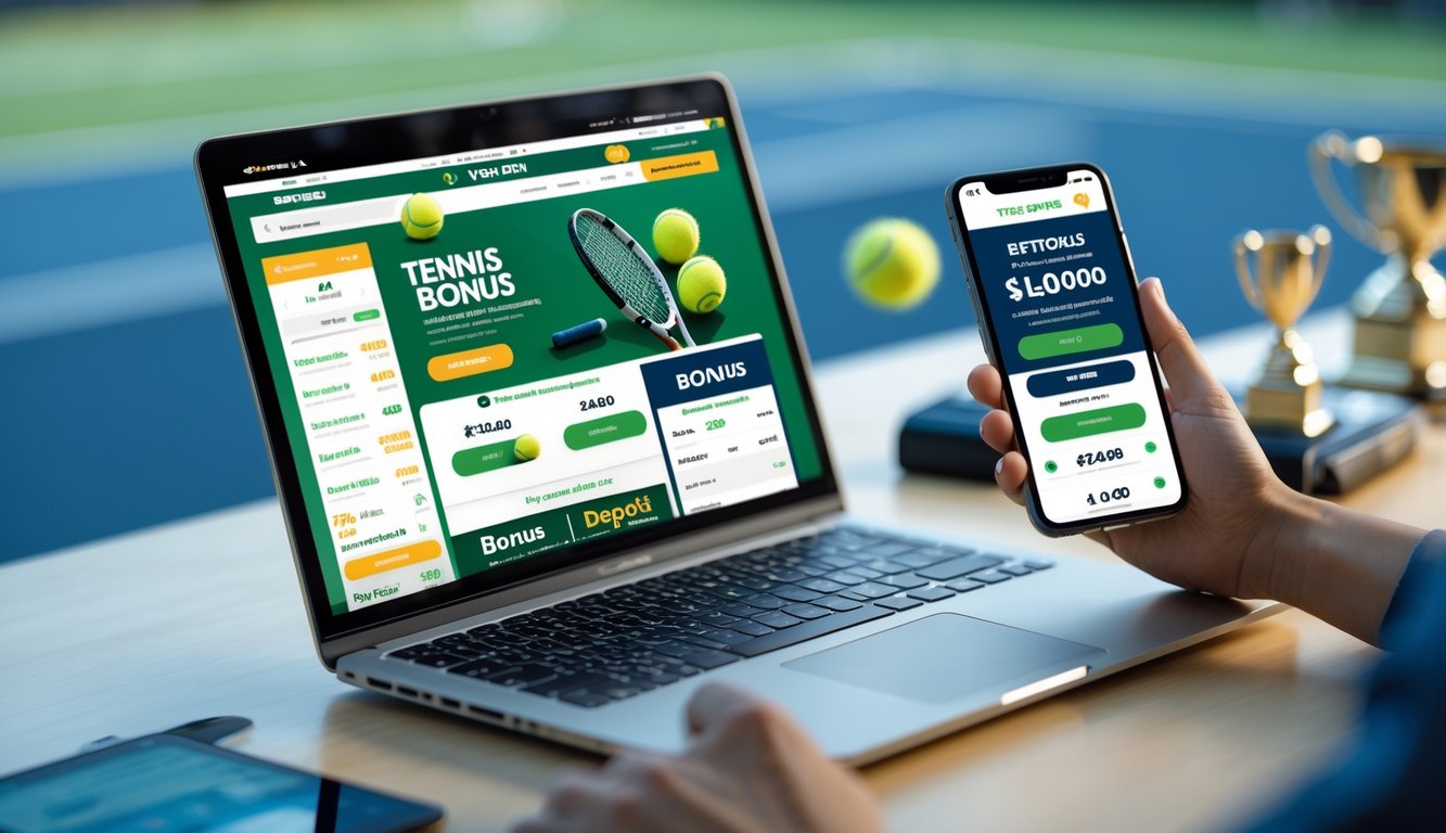 Seseorang menggunakan laptop dan ponsel untuk memasang taruhan tenis online dengan latar belakang perlengkapan tenis.