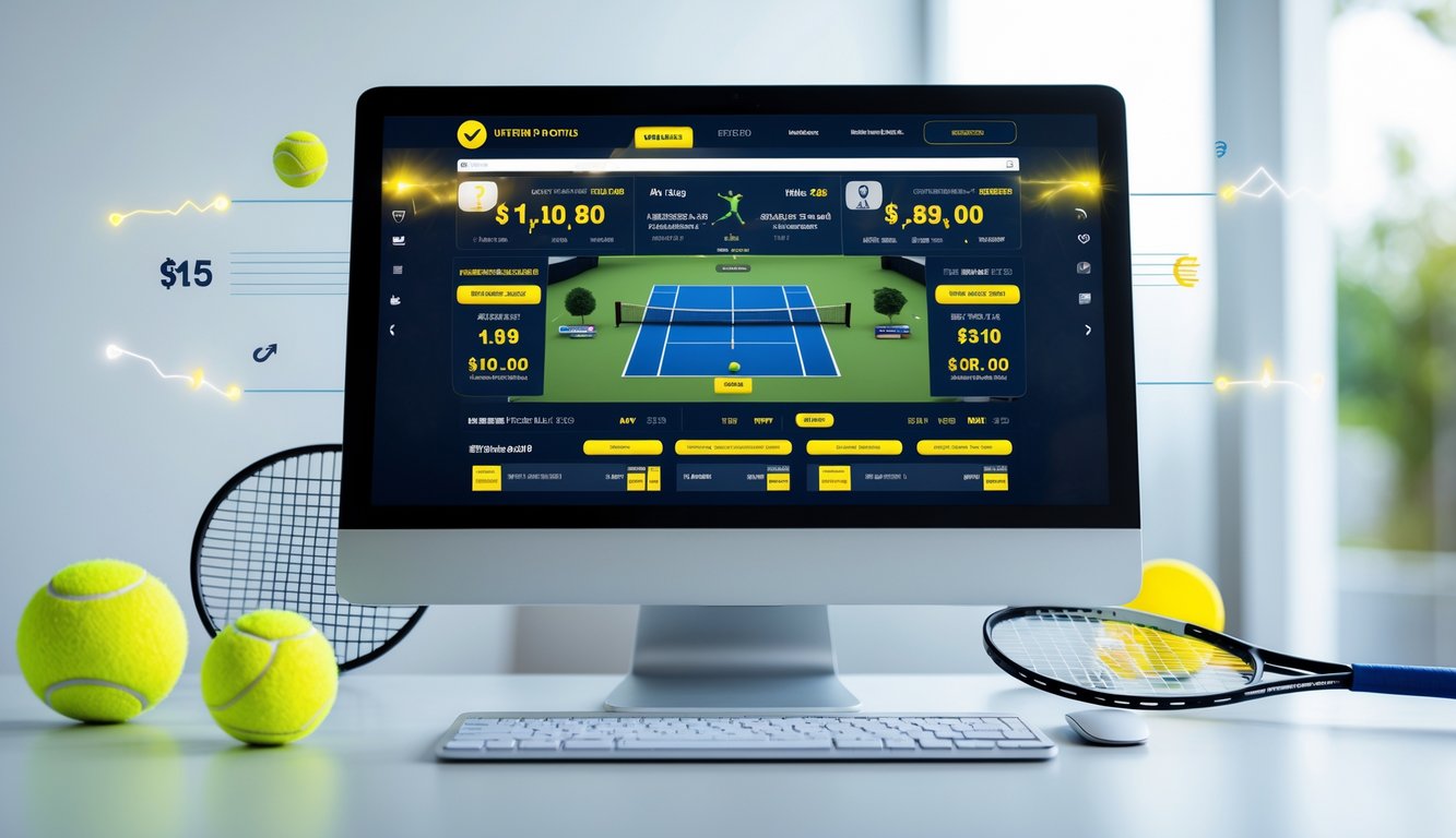 Seorang pengguna sedang melihat situs taruhan tenis online di komputer dengan tampilan antarmuka taruhan dan elemen tenis di sekitar meja kerja.