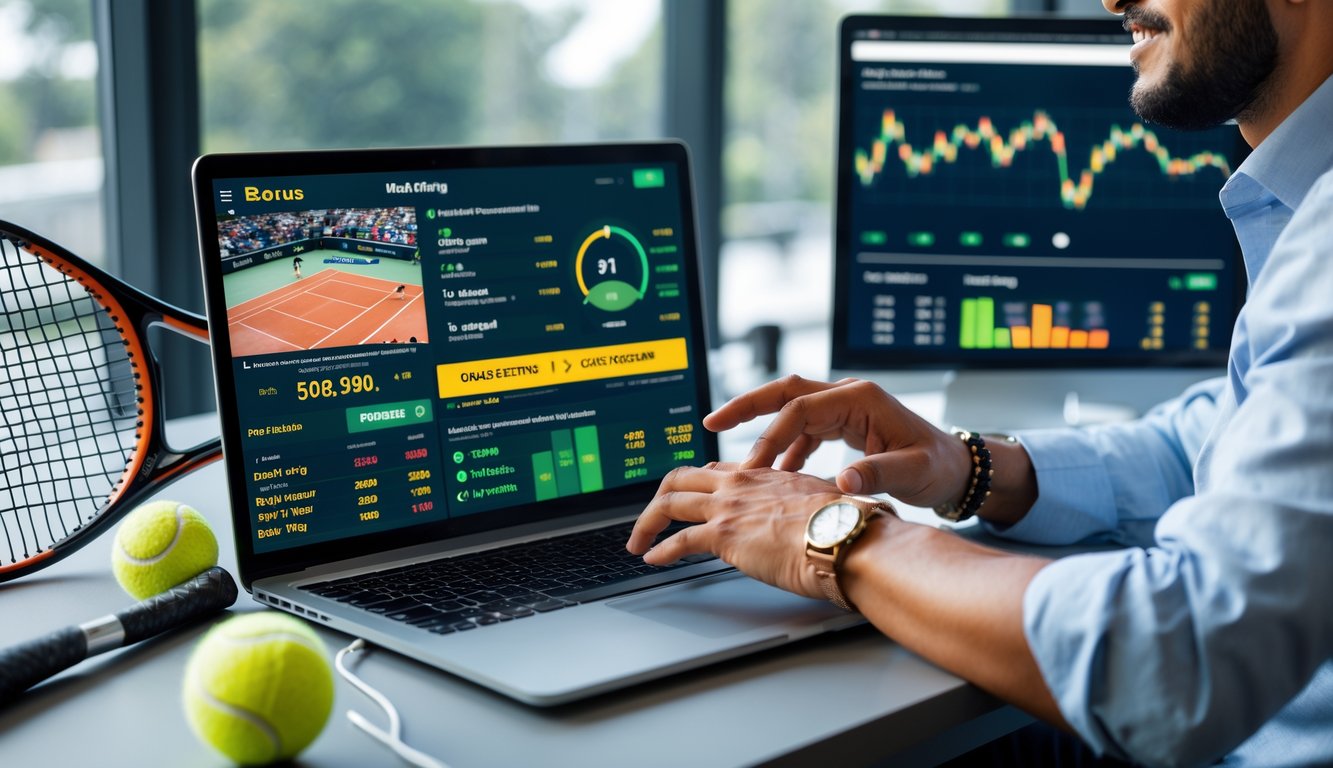 Seseorang sedang menggunakan laptop di meja kerja dengan tampilan pertandingan tenis dan grafik statistik taruhan di layar, di meja juga terdapat raket tenis dan bola tenis.