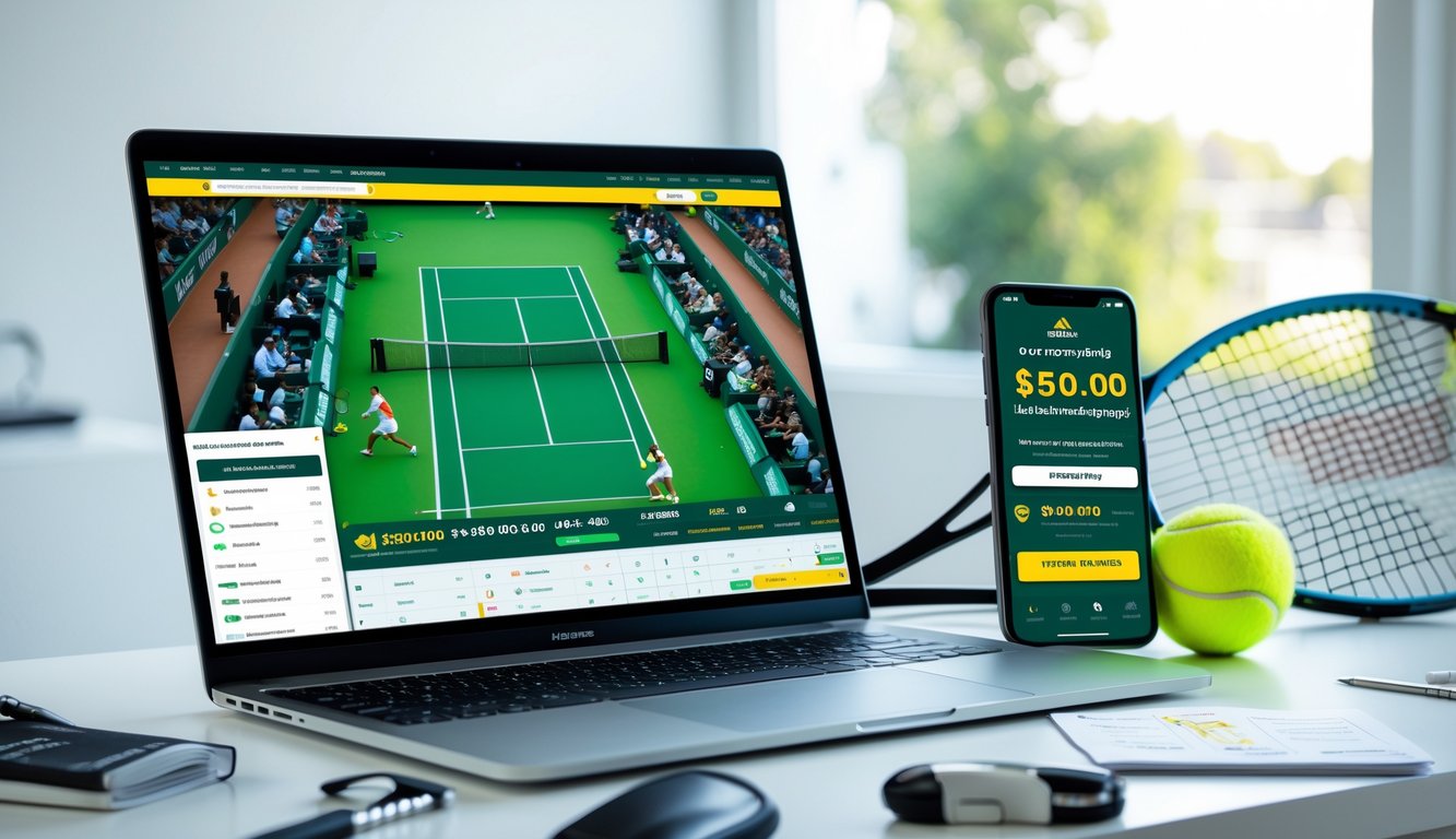 Meja kantor dengan laptop yang menampilkan pertandingan tenis dan ponsel dengan aplikasi taruhan terbuka, dikelilingi oleh bola tenis dan raket.