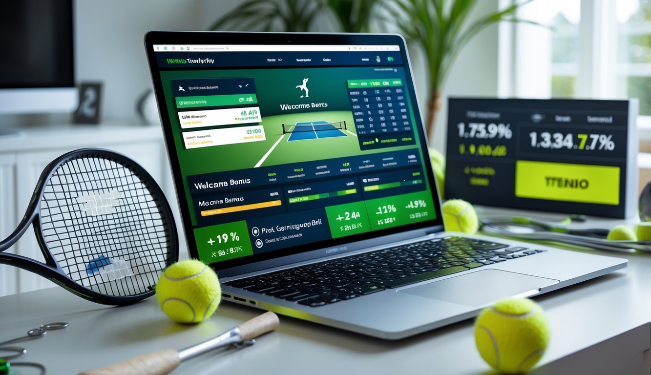 Sebuah laptop menampilkan situs taruhan tenis online dengan peralatan tenis di sekitarnya di ruang yang terang dan rapi.