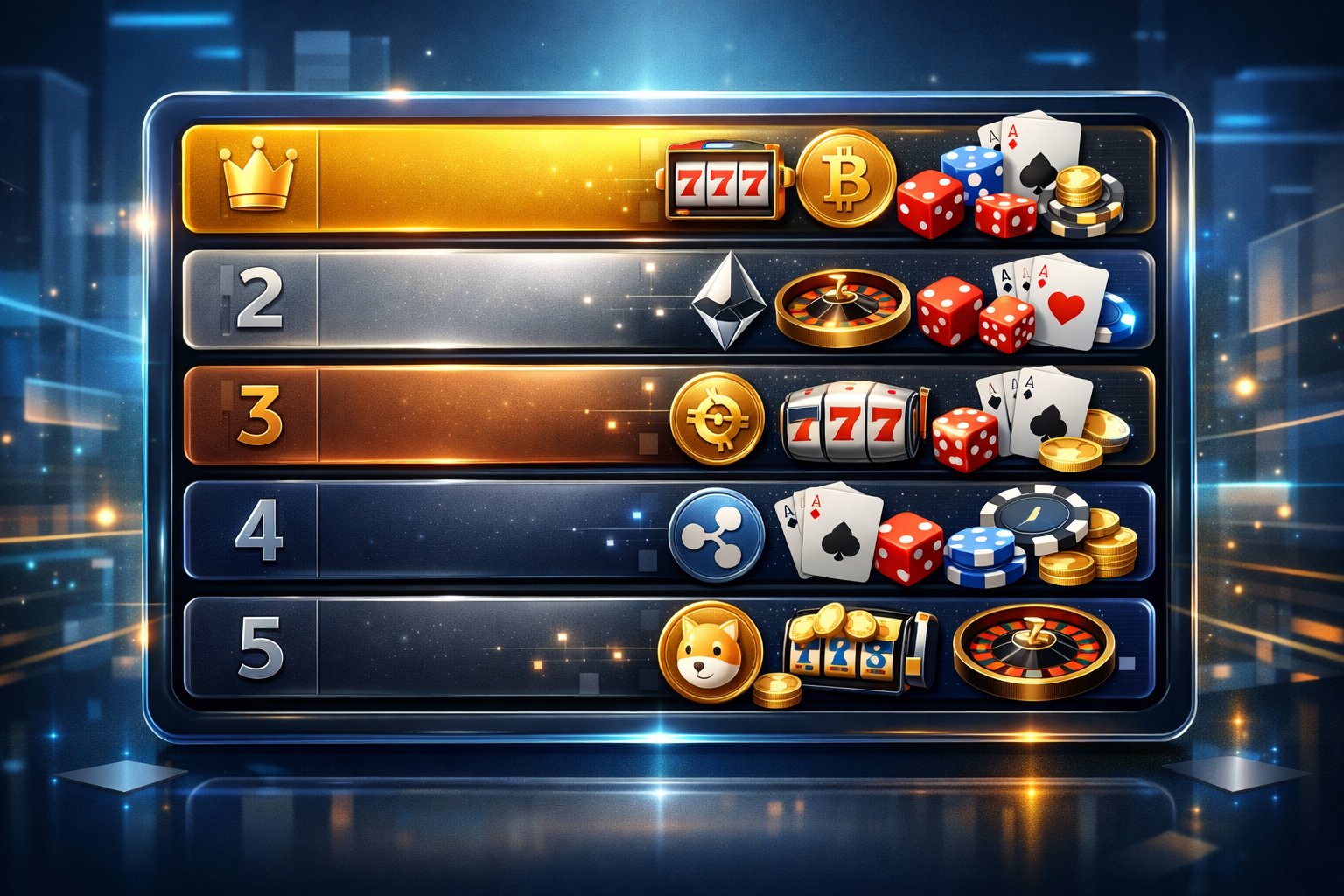 A Digital Leaderboard Showing Cryptocurrency Icons Alongside Casino Symbols Like Cards And Poker Chips, Representing A Ranked List Of Crypto Casinos.