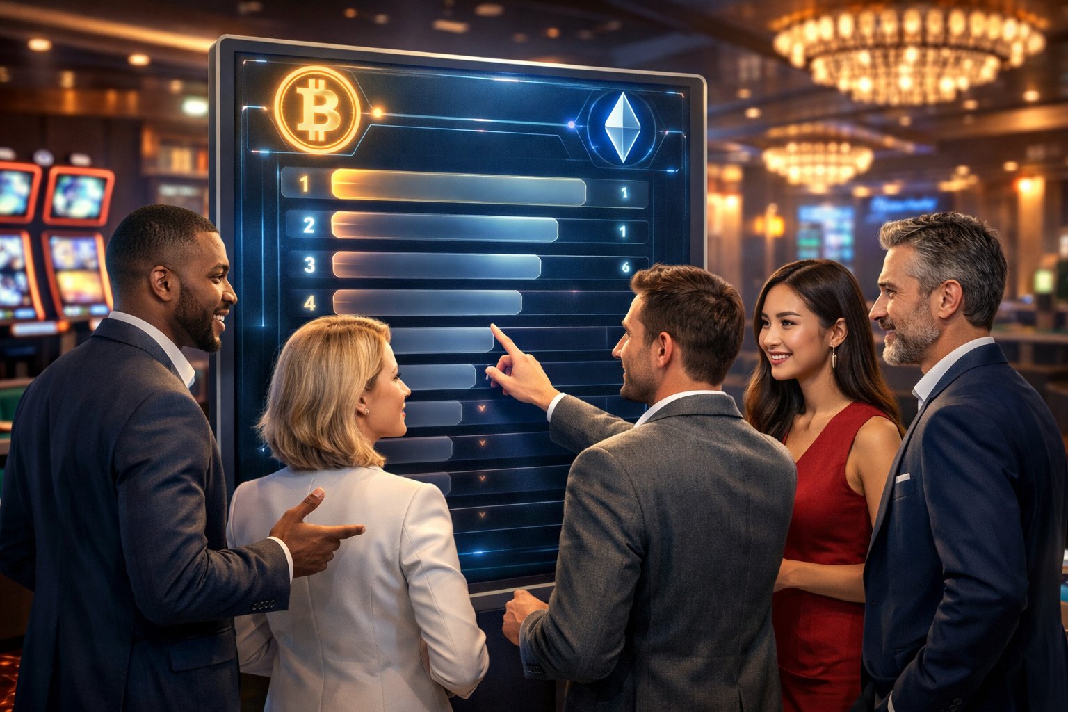 A Group Of Diverse Adults Gathered Around A Digital Leaderboard In A Modern Casino Lounge, With Cryptocurrency Symbols Subtly Displayed And People Discussing The Rankings.