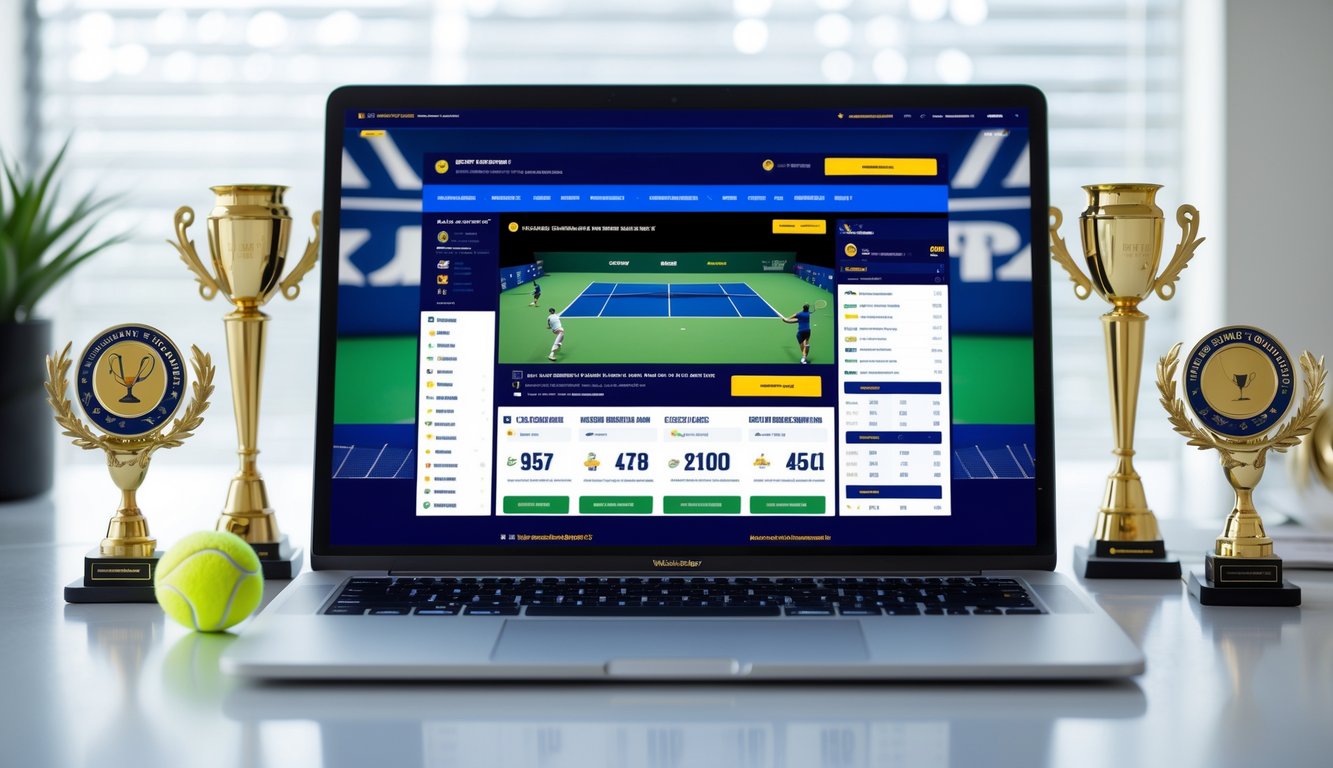 Seorang pria menggunakan laptop di meja dengan latar belakang elemen tenis seperti raket dan bola tenis serta trofi tenis.