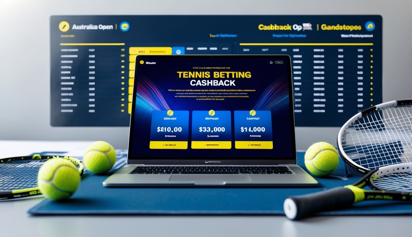 Seorang pengguna sedang melihat situs taruhan tenis online dengan elemen tenis seperti bola dan raket di meja kerja.