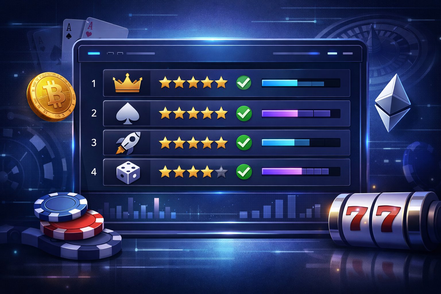 A Digital Dashboard Showing Ranked Crypto Casino Icons With Cryptocurrency Symbols And Casino Elements, Highlighting Selection Criteria Visually.