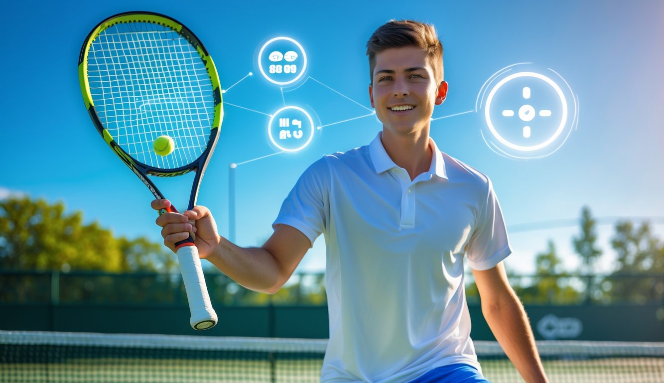 Seorang pemain tenis pemula sedang bersiap melakukan servis di lapangan tenis outdoor dengan langit cerah dan pohon hijau di latar belakang.