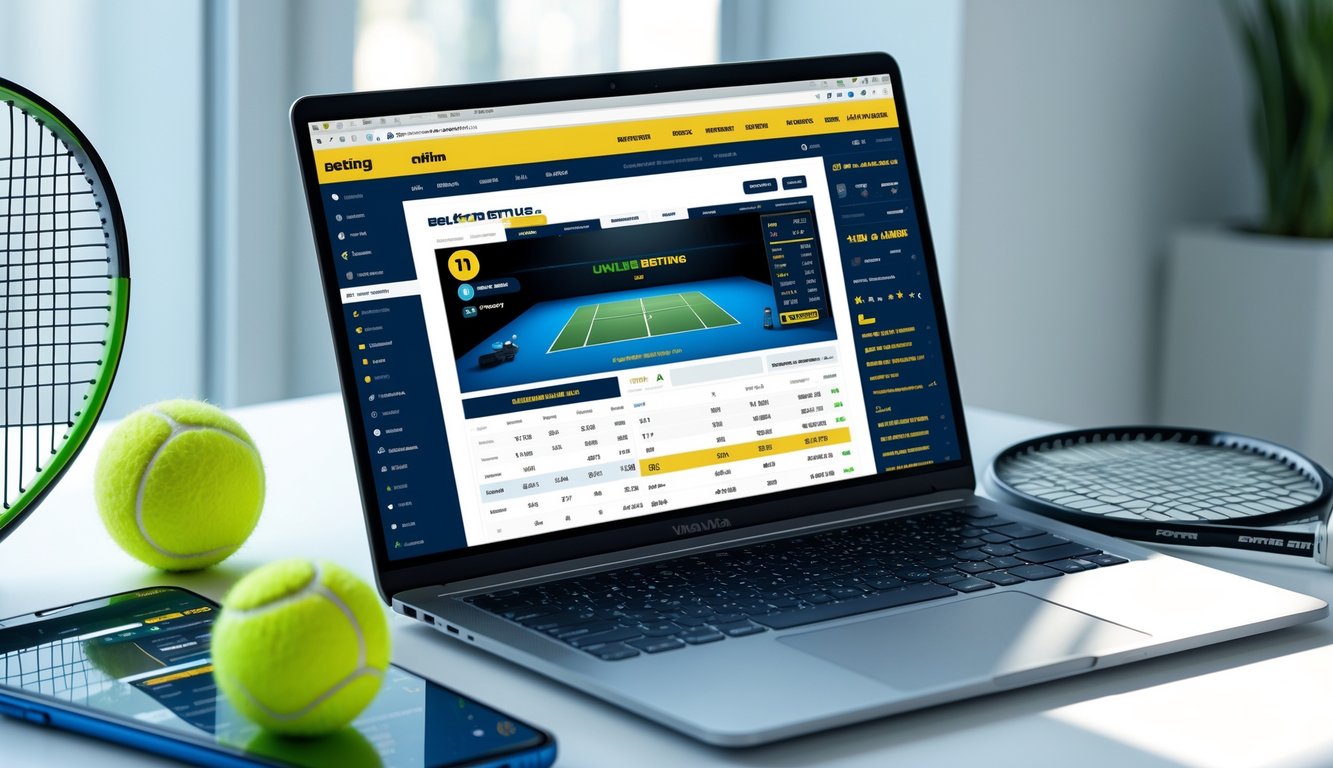 Seorang pengguna duduk di depan laptop dengan layar menampilkan situs taruhan tenis online, di meja terdapat bola tenis dan raket, suasana terang dengan cahaya alami dari jendela.