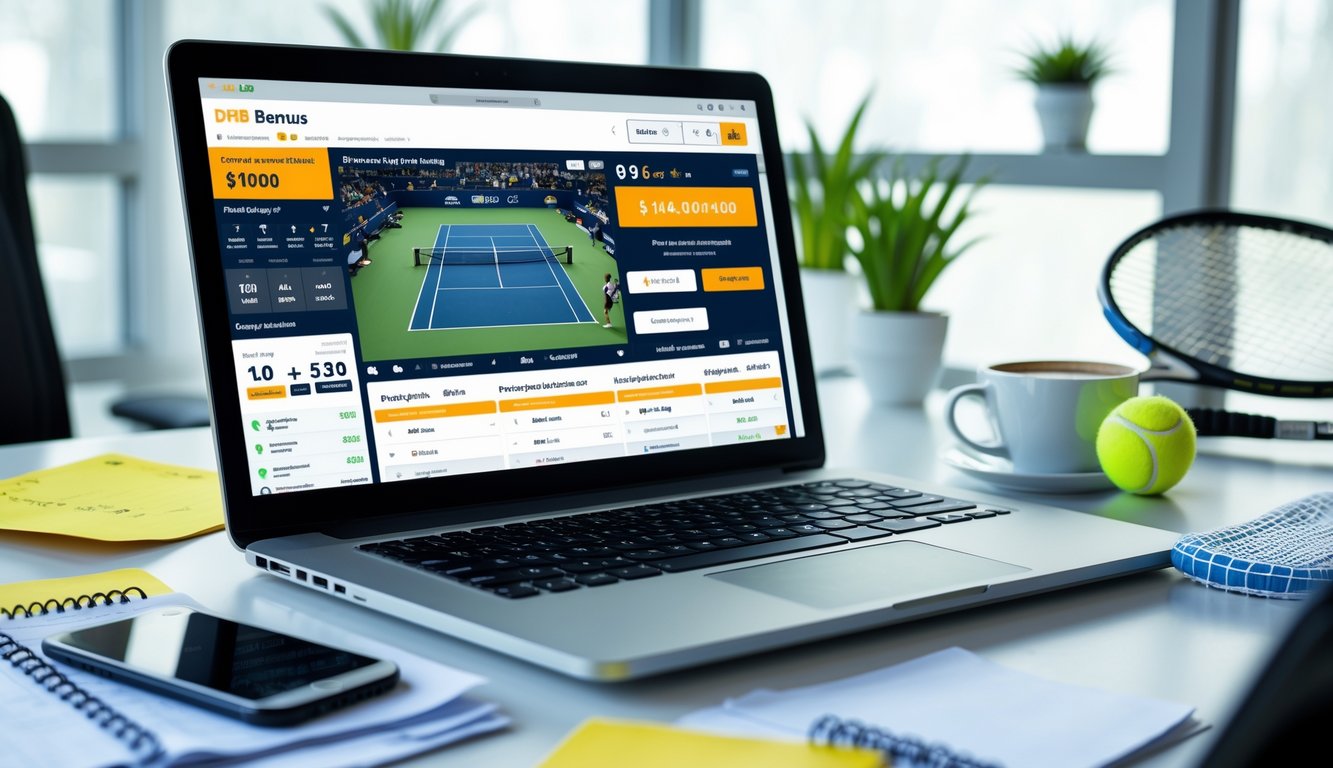 Seseorang sedang bekerja dengan laptop yang menampilkan pertandingan tenis dan aplikasi taruhan, di meja terdapat catatan, ponsel, kopi, raket tenis, dan bola tenis.