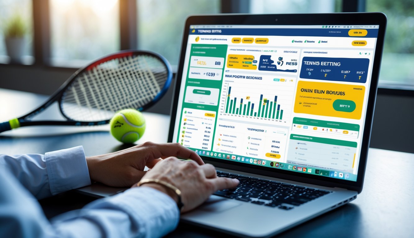 Seseorang menggunakan laptop dengan tampilan situs taruhan tenis online, di meja terdapat raket dan bola tenis.