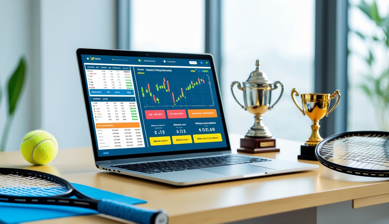 Meja kerja dengan laptop yang menampilkan beberapa situs taruhan tenis online, bola tenis, raket, dan piala kecil di atas meja.