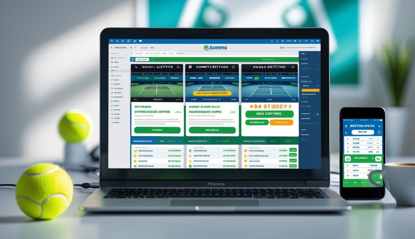 Meja kerja modern dengan laptop yang menampilkan beberapa situs taruhan tenis online, bola tenis, tablet, dan ponsel di sekitarnya.