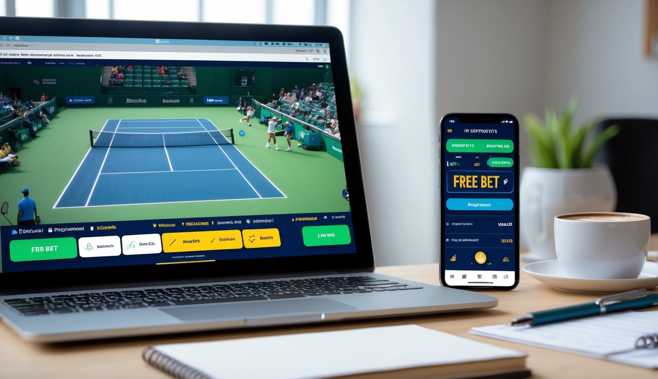 Seorang pengguna sedang melihat pertandingan tenis di laptop dan menggunakan aplikasi taruhan tenis di smartphone di meja kerja yang rapi.