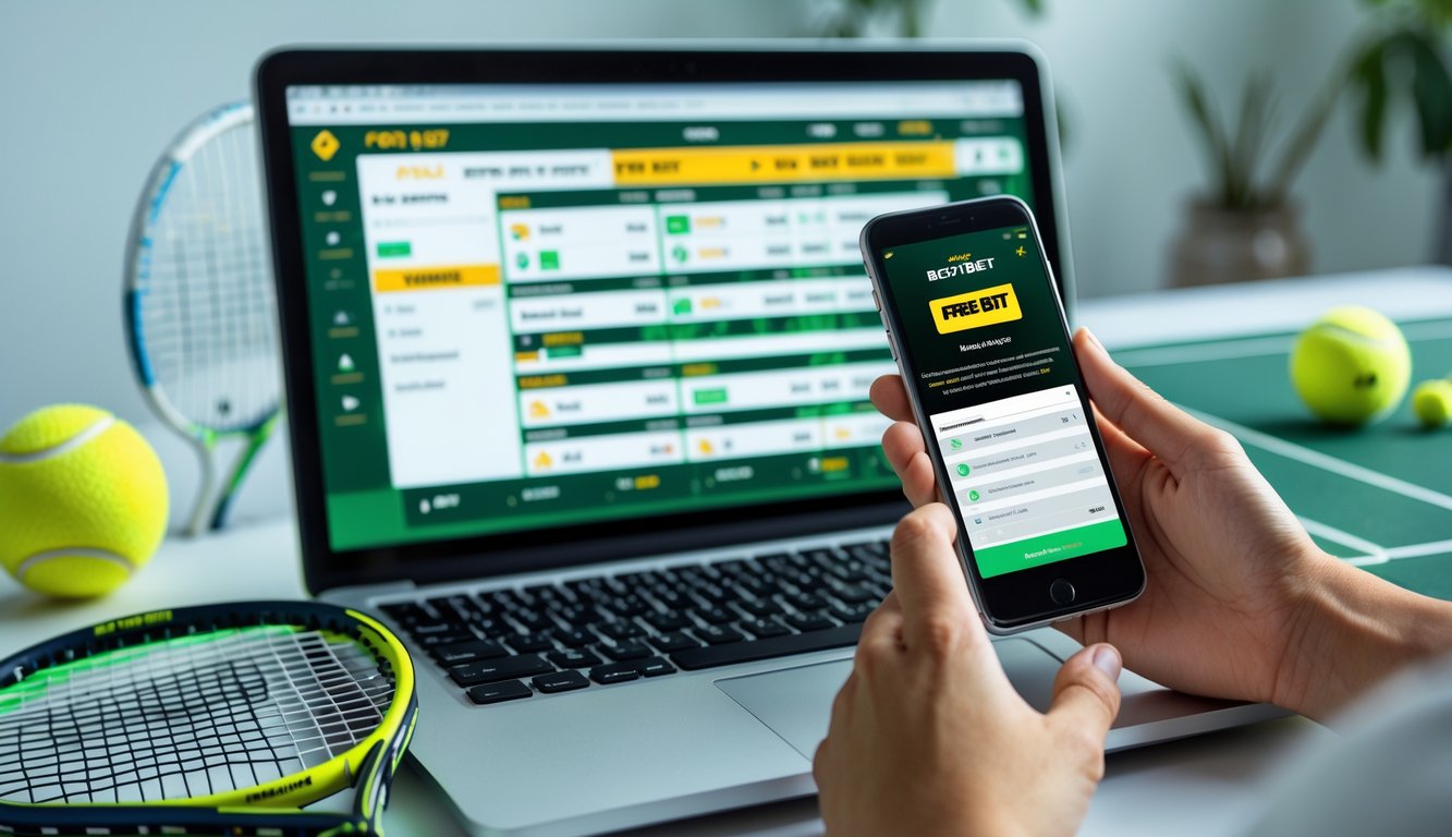 Seseorang menggunakan laptop dan ponsel untuk taruhan tenis online dengan bola tenis dan raket di meja.