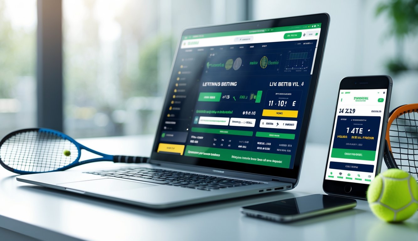Meja kerja dengan laptop dan ponsel yang menampilkan situs taruhan tenis online, dengan bola tenis dan raket di sampingnya.