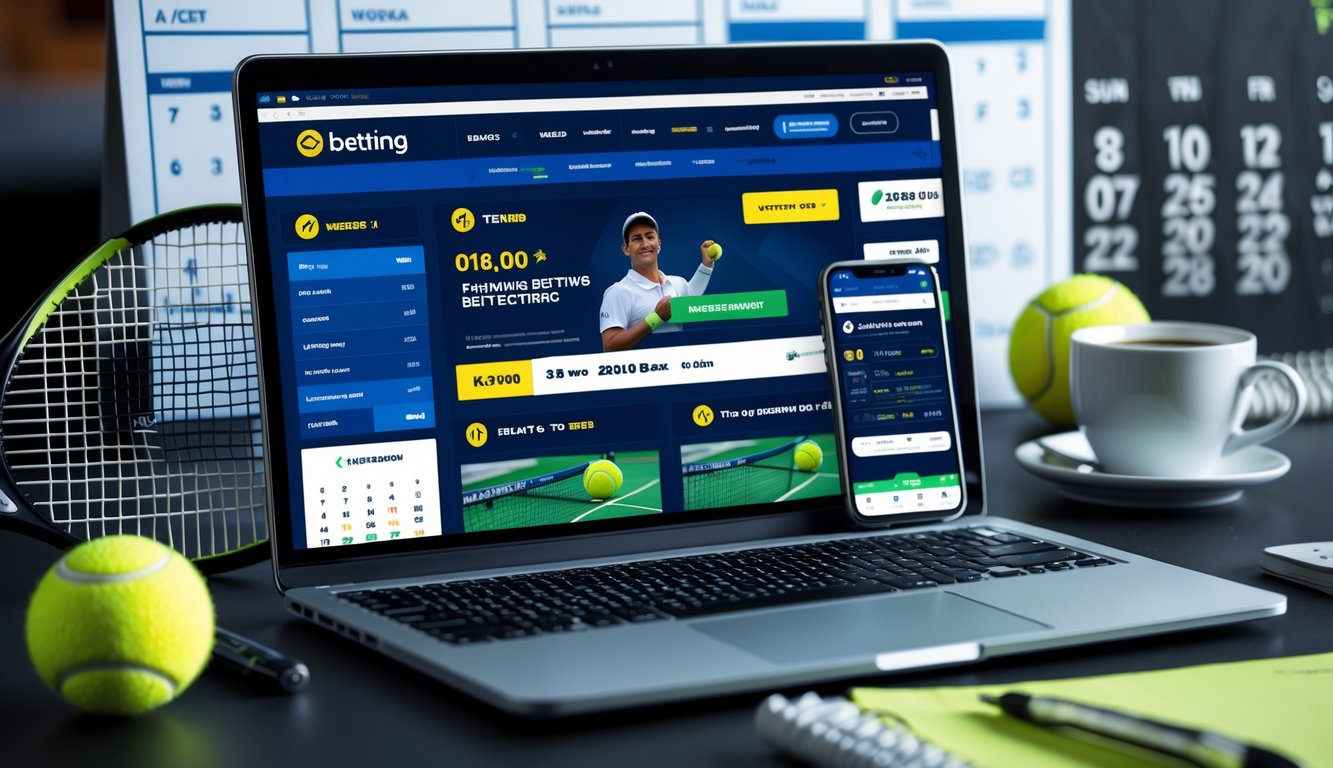 Meja kerja dengan laptop dan ponsel yang menampilkan aplikasi taruhan tenis online, bola tenis dan raket di sampingnya, serta kalender yang menandai minggu ini.
