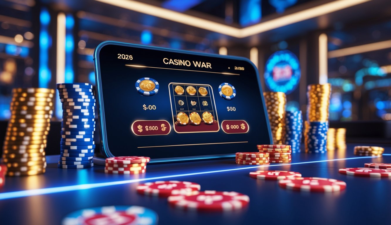 Tampilan antarmuka kasino online dengan permainan kartu dan tumpukan chip di meja virtual yang modern.