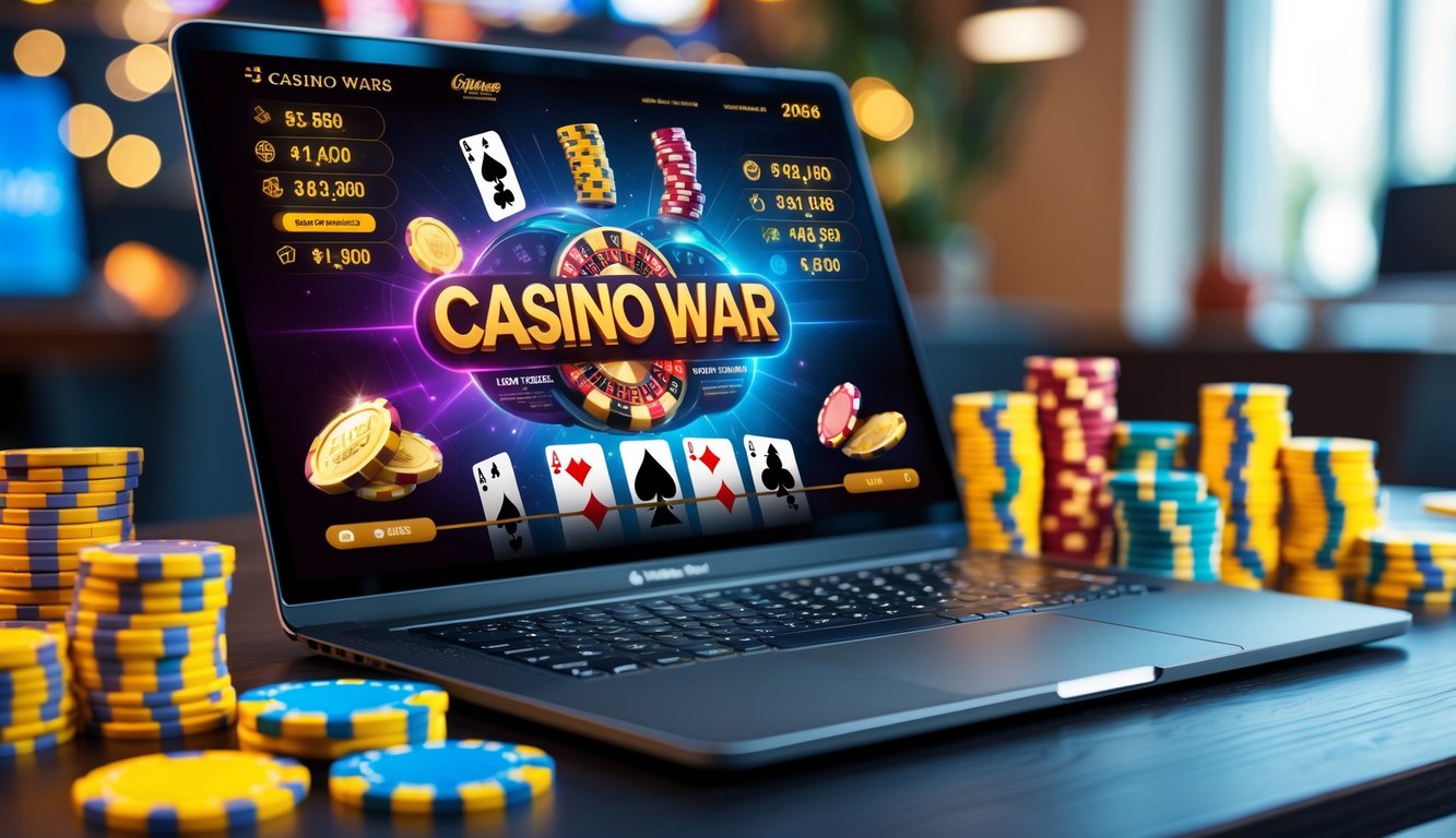 Sebuah laptop menampilkan permainan Casino War online dengan tumpukan chip kasino dan koin di meja kayu yang rapi.