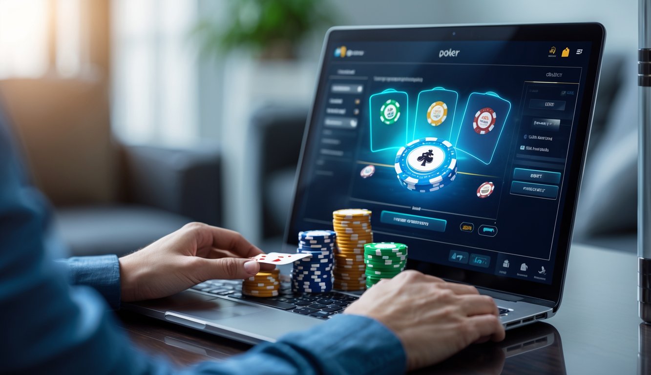 Seseorang bermain poker online di laptop dengan tumpukan chip poker di meja di dalam ruangan yang nyaman.