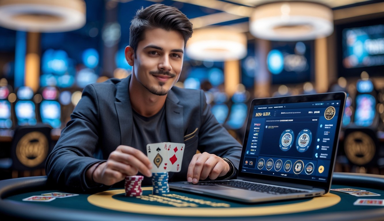 Seorang pria muda duduk di meja poker dengan laptop, memegang kartu, di lingkungan kasino online yang modern dan terang.
