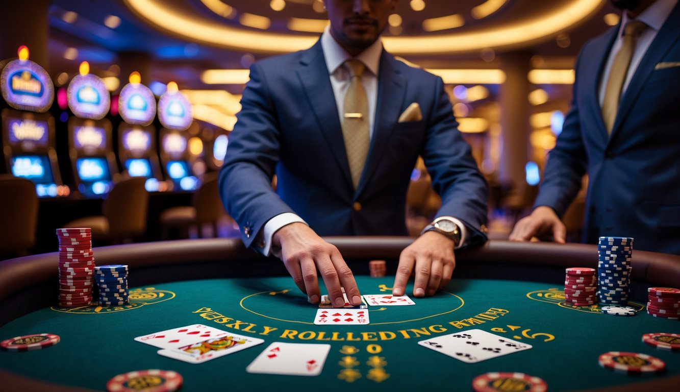 Seorang pemain di meja kasino dengan kartu dan chip, dikelilingi suasana kasino yang hangat dan dealer yang mengawasi permainan.
