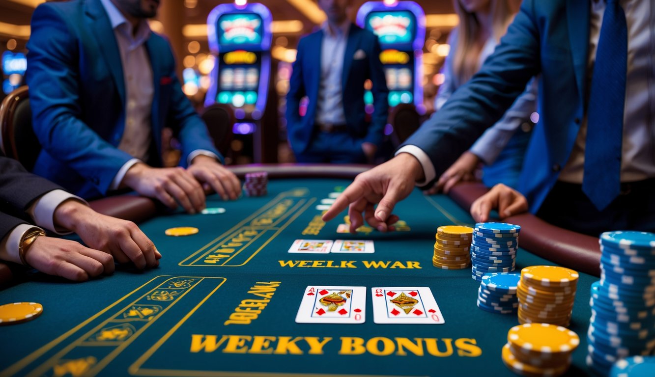 Meja kasino dengan kartu dan chip, pemain dan dealer sedang bermain permainan Casino War.