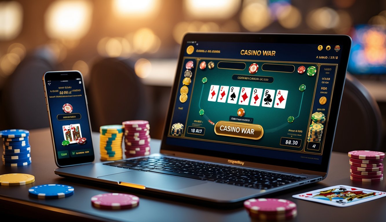 Seorang pemain menggunakan laptop dengan permainan kartu Casino War online dan beberapa chip poker di meja.